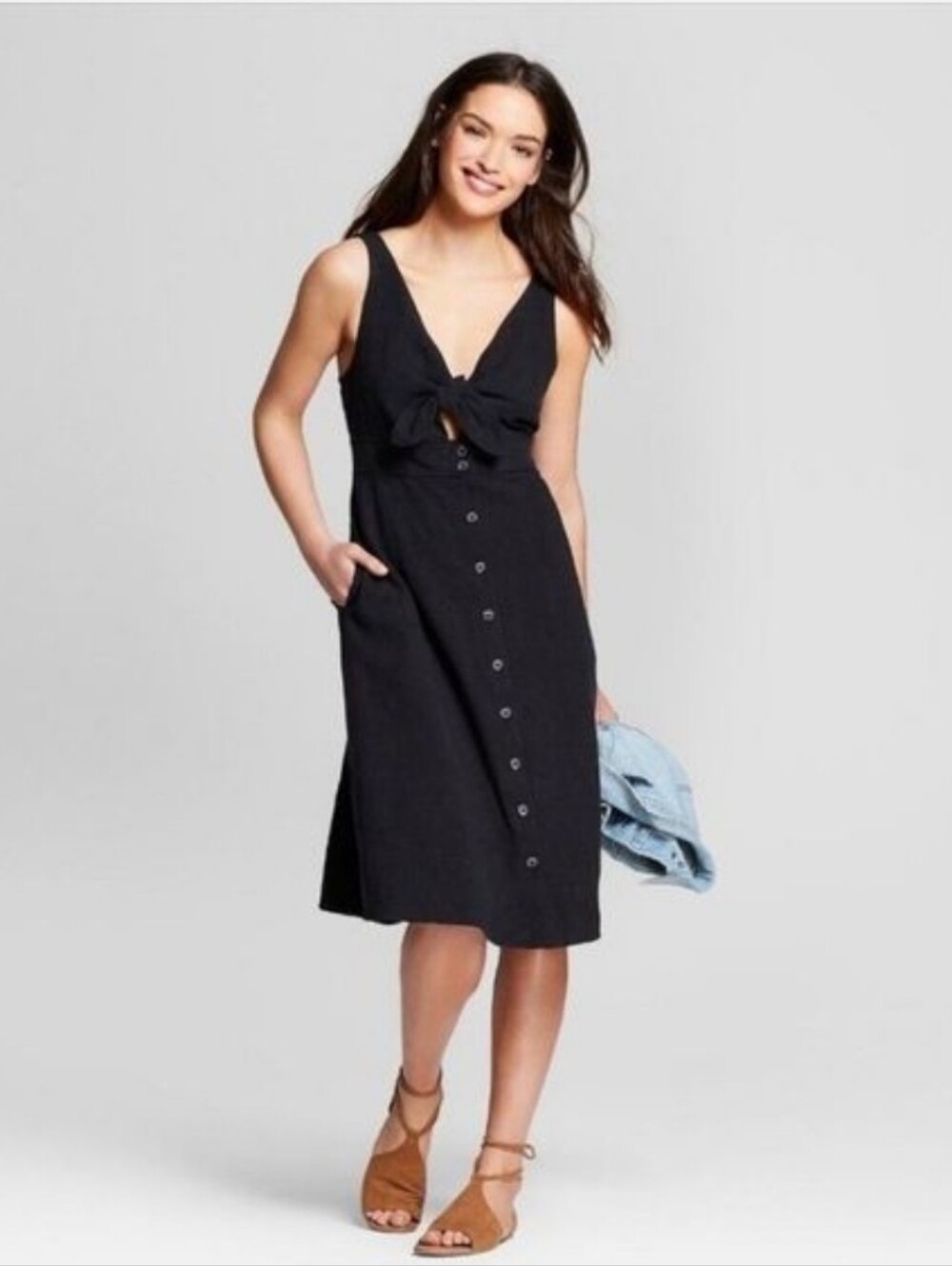 UNIVERSAL THREAD Black Tie-Front Button-Down Linen Blend Dress